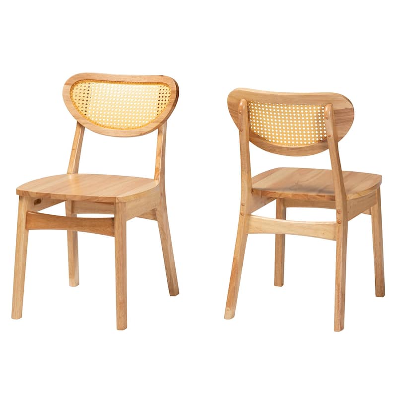 Nenet Mid-Century Modern Oak Brown Finished Wood and Rattan 2-Piece Dining Chair Set - Oak Brown, Light Brown
