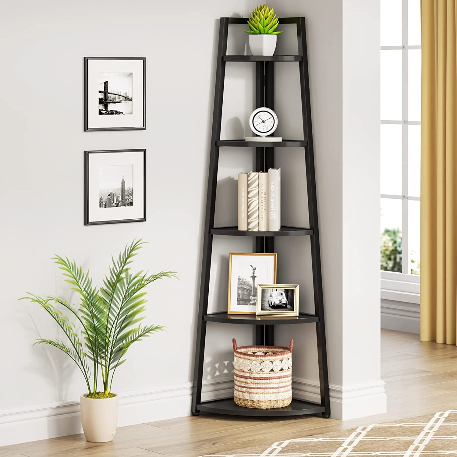 70 inch Tall Corner Shelf, 5 Tier Bookshelf Bookcase, Modern Corner Ladder Shelf Plant Stand for Living Room