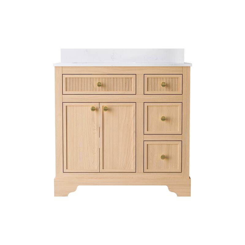35''H Bath Solid Wood Vanity with Stain-resistant Carrera White Quartz Top And Single Sink