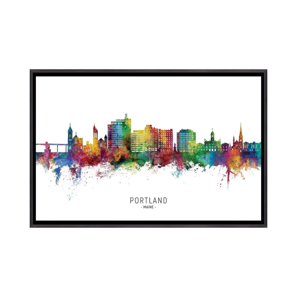 iCanvas "Portland Maine Skyline City Name" by Michael Tompsett Framed