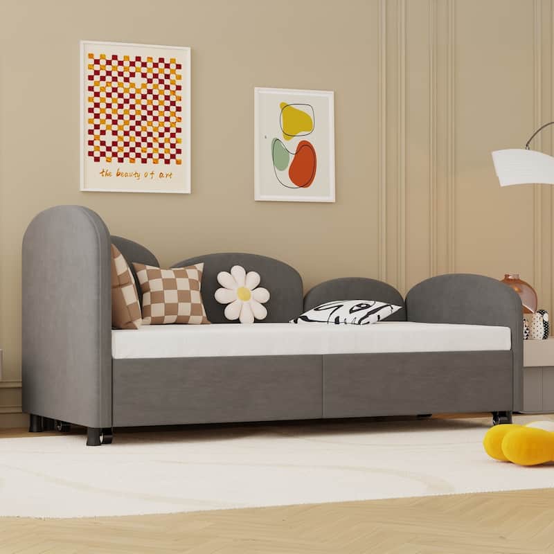Twin Size Velvet Upholstered Daybed, Platform Bed Frame with Flower Design, Trundle Ideal for Bedroom and Guest Room