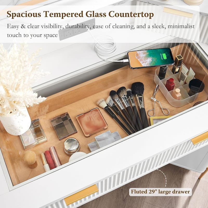 Modern Fluted Makeup Vanity Desk with 3 Way Mirror&Light, Vanity Table