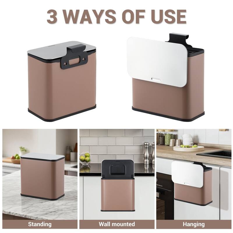 1.3-Gallon / 5 L Stainless Steel Trash Can with Charcoal Filter Lid and Hanging Hook Brown