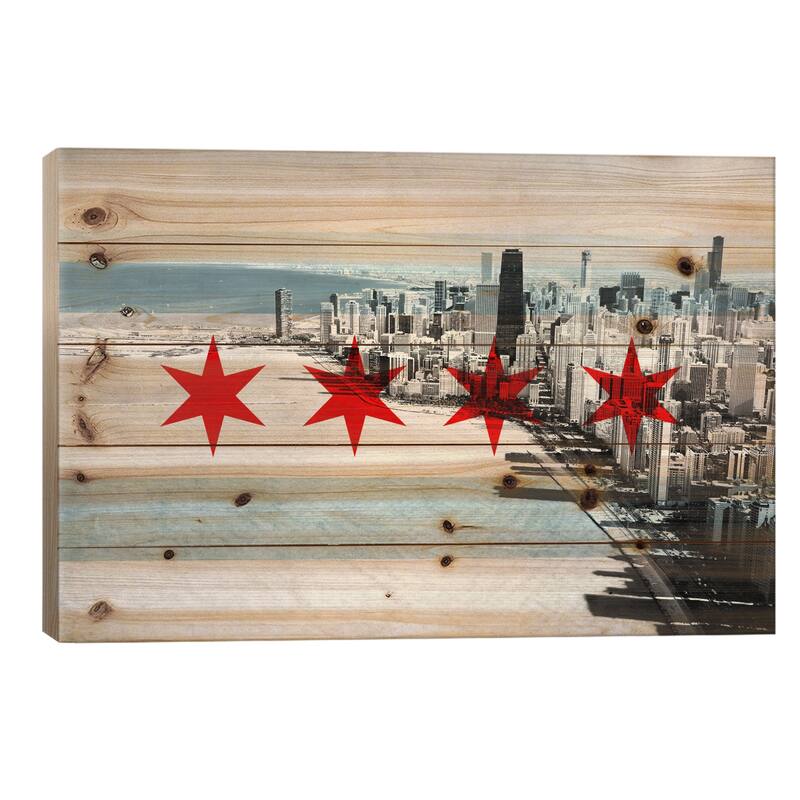 Chicago City Flag (Downtown Skyline) Print On Wood by iCanvas - Multi-Color - 26x40x1.5