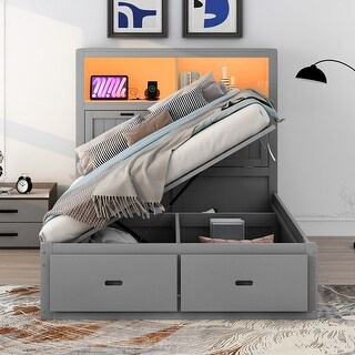 Wood Full Size Platform Bed with LED Headboard, Charging Station and 2 Drawers