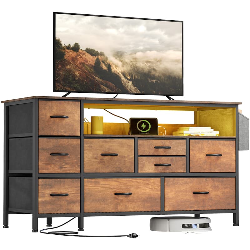 Moasis 50"W 9-drawer Fabric Dresser, Media Console, TV Stand with Outlets, RGB Lights