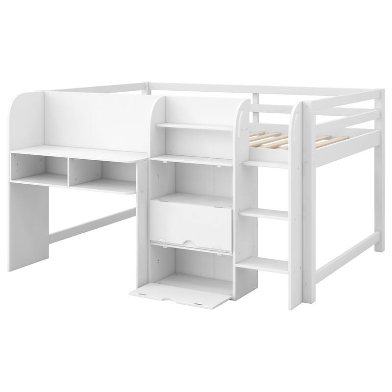 Roomfitters Full Low Loft Bed with Integrated Desk, Bookcase, Cabinets and Whiteboard, White