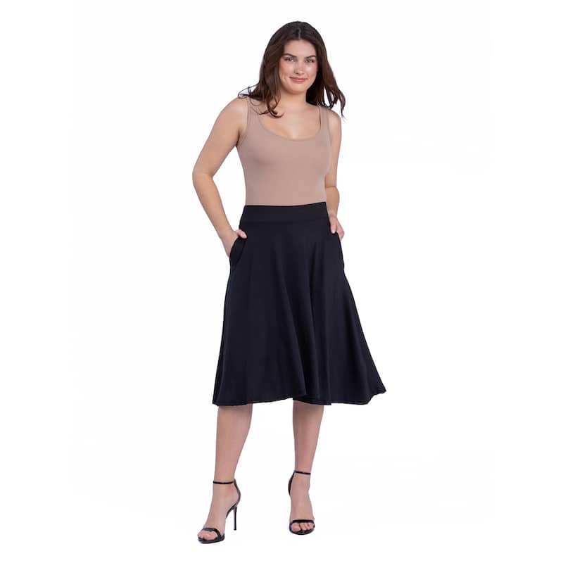 24seven Comfort Apparel Elastic Waist Pleated Pocket Midi Skirt - Black - L