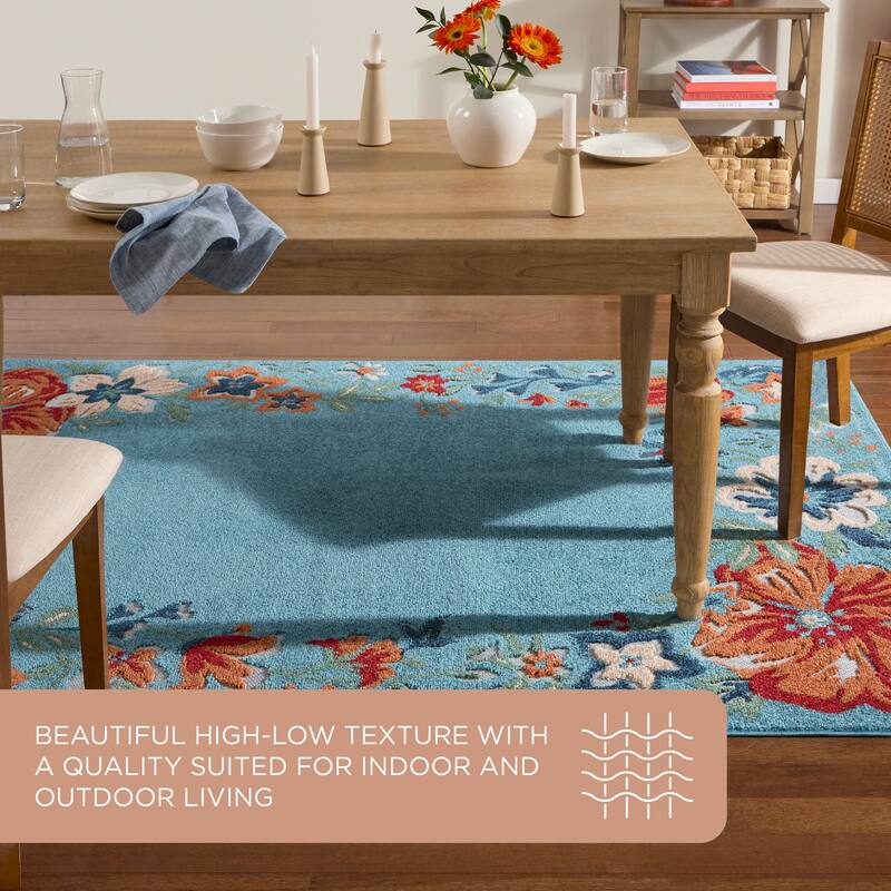 TOWN & COUNTRY EVERYDAY Hibiscus Bloom Border Modern Floral Indoor Outdoor Area Rug, UV Fade Resistant, High-Low Pile