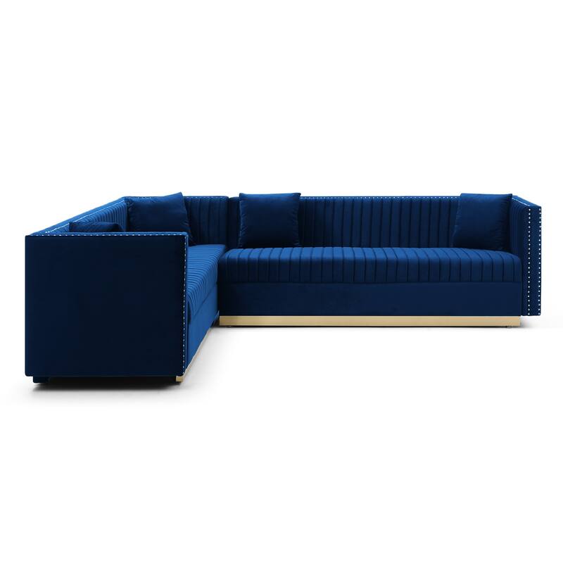100.8'' Modern Velvet Corner 6 Seater Sectional Sofa with 4 Pillows and Vertical Channel Tufting, for Living Room