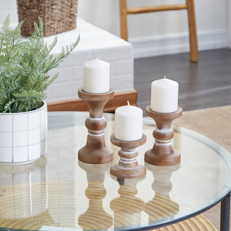 Brown or White Wood Beaded Pillar Candle Holder (Set of 3) - S/3 4", 6", 8"H - Brown