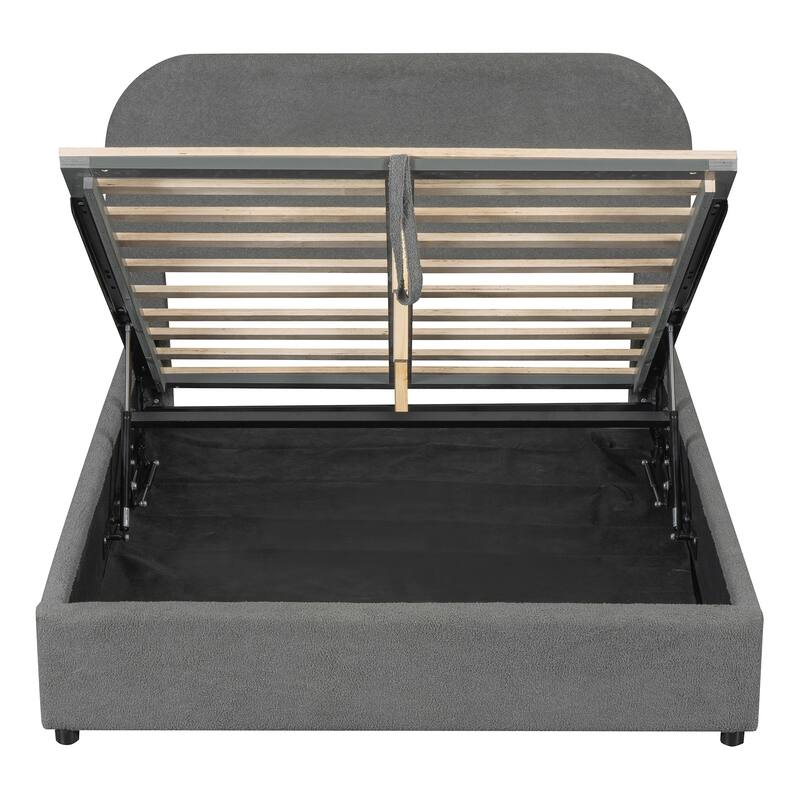 Lift Up Storage Platform Bed Frame, Teddy Fleece Low Profile Bed Hydraulic Storage System, Curved Headboard, Wood Panel Bed