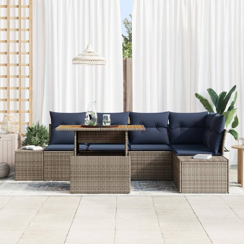 vidaXL 6 Garden Sofa Set with Cushions Black/Grey Poly Rattan - 103.9 x 60.6 x 27.2