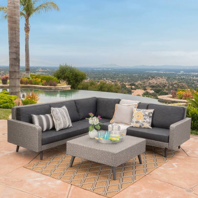 Tahiti Outdoor 4-piece Wicker Sectional Sofa Set with Cushions by Christopher Knight Home - Mixed Black + Dark Grey