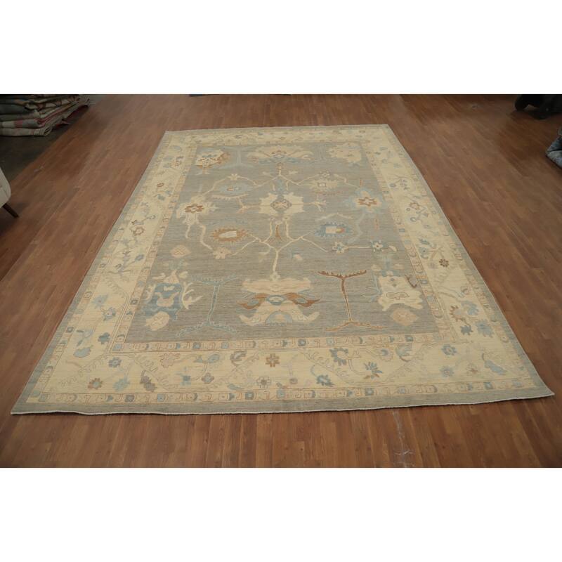 Hand Knotted Oriental 100% Wool Carpet Transitional All-Over Greys & Charcoal Oushak Area Rug - 13' 6'' X 9' 11''