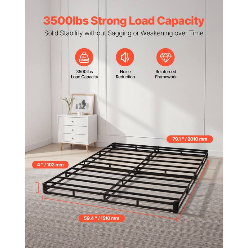 Black Steel Frame Heavy-Duty Queen Box Spring Bed Frame with 4-Inch Foundation