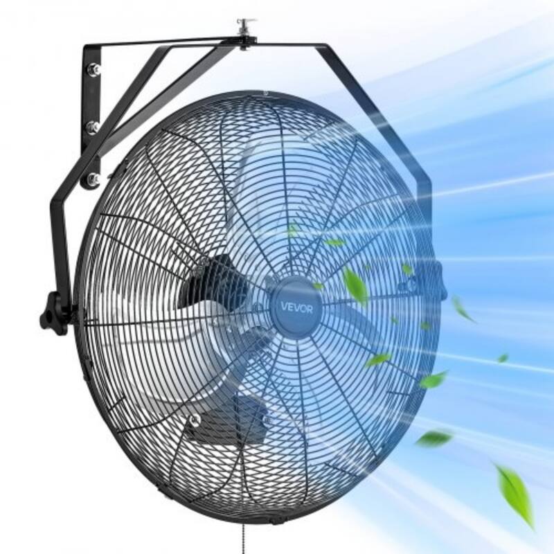 Black Metal 4650CFM Airflow Wall Mounted Fan with 3-Speed Adjustable Cooling for Workshops - 24.6” x 24.8” x 7.1”