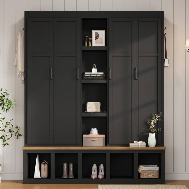 Farmhouse Hall Tree with Bench & 6 Hooks, 62.9"W Shoe Storage, Entryway Organizer for Mudroom, Living Room - Black