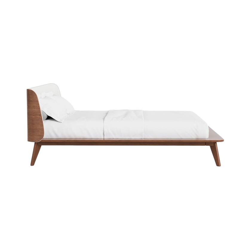 Boucle Upholstered Eastern King Bed with Tapered Angled Legs in Walnut