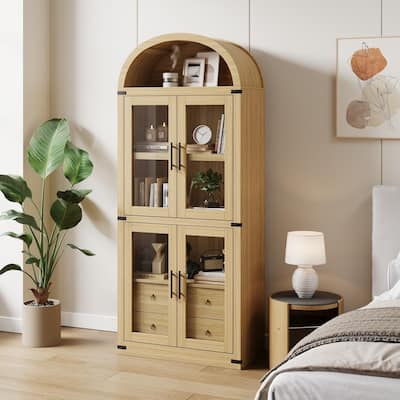 71" Tall Bookshelf, 4 Tier Book Shelf with 2 Storage Drawers, with Doors