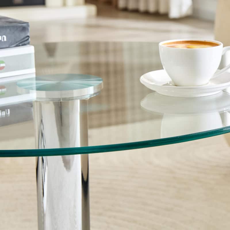 Roomfitters 27.5-Inch Round Tempered Glass Coffee Table, Metal Base, Circular Center Table, Modern Minimalist