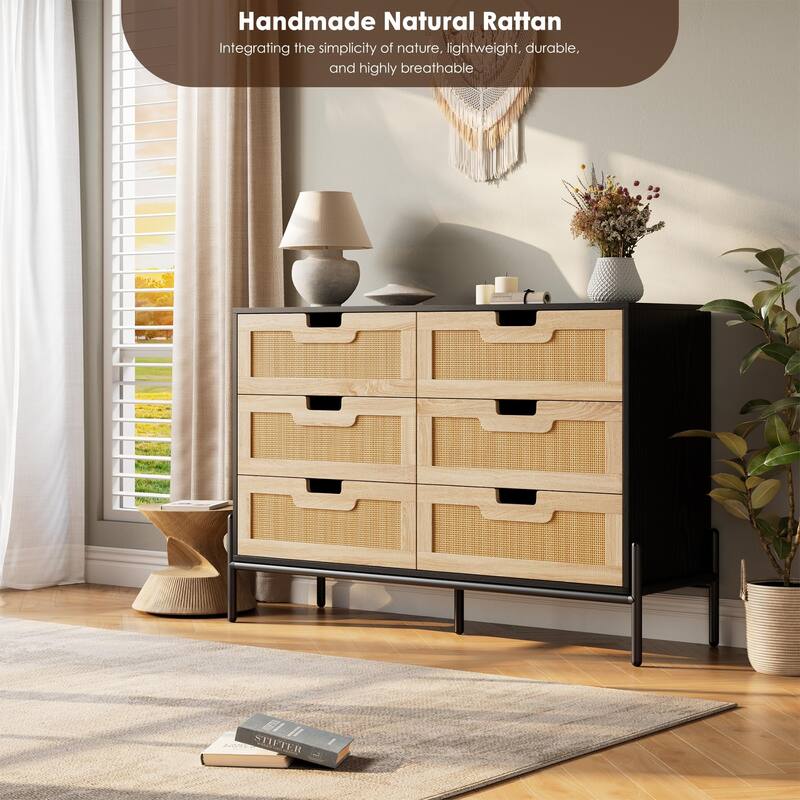 5/6 Drawer Dresser for Bedroom, Natural Rattan Modern Wooden Dresser, Farmhouse Storage Cabinet Chest
