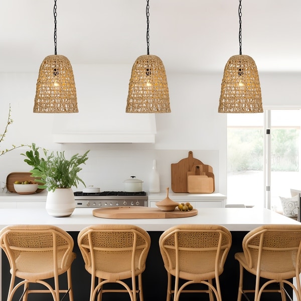 Modern Farmhouse 1 Light Large Rattan Pendant Handwoven Dome Kitchen Island Lights D13.8 H80.2 Brown