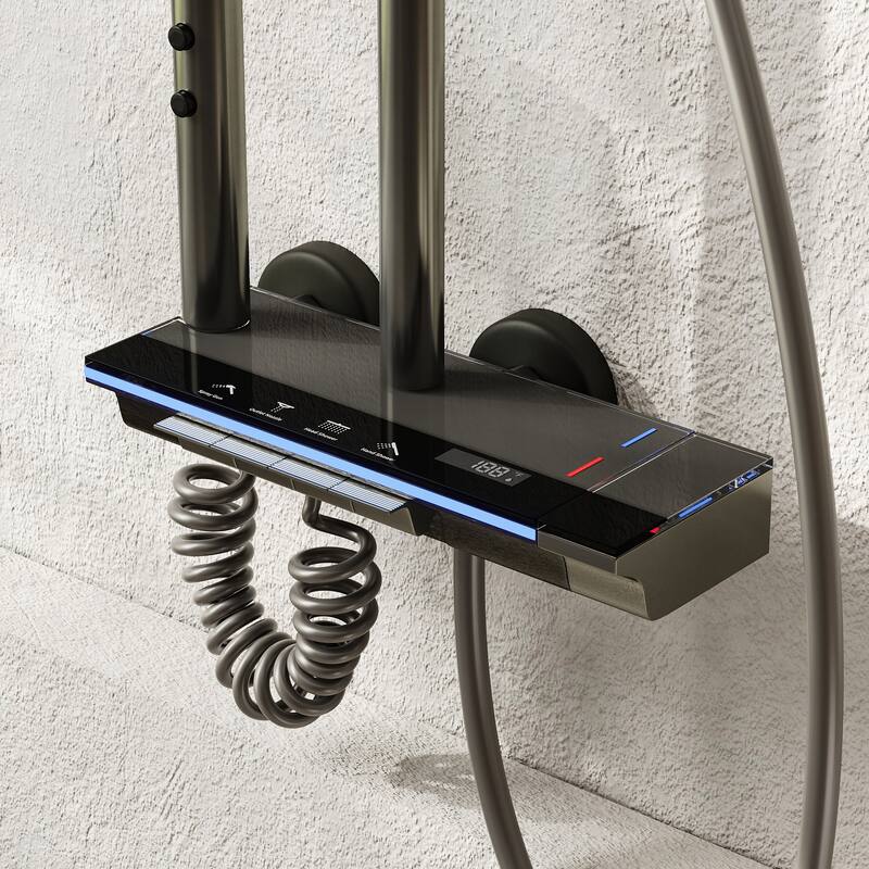 Thermostatic Shower System with Rainfall Shower Head, Adjustable Height Wall Mounted Shower Set