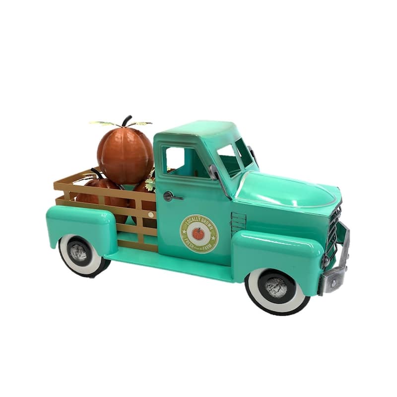 Country Style Metal Truck with Pumpkins in Antique Teal - 8.6x18x10