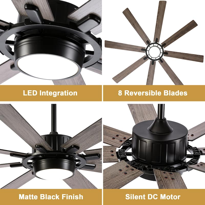 Cusp Barn 72" Outdoor Indoor Modern Black Large Ceiling Fan with Lights, Farmhouse 6 Speeds DC Motor Reversible Ceiling Fan