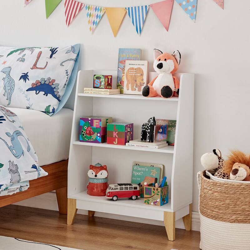 Danya B. Steiner White 3-Tier Kids Book or Toy Figure Display Unit Freestanding Bookshelf with Contrasting Wood-Toned Legs