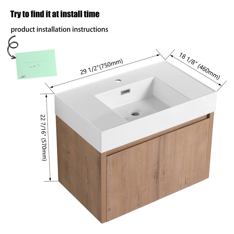 30" Floating Bathroom Vanity with Sink, Wall Mounted Bathroom Vanity with Soft Close Door