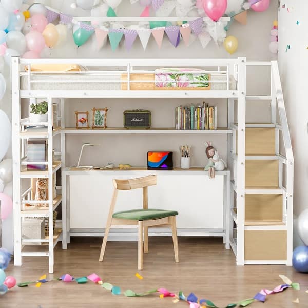 slide 2 of 9, Twin Size Loft bed With Staircase,Built-in Desk And Shelves for Home White