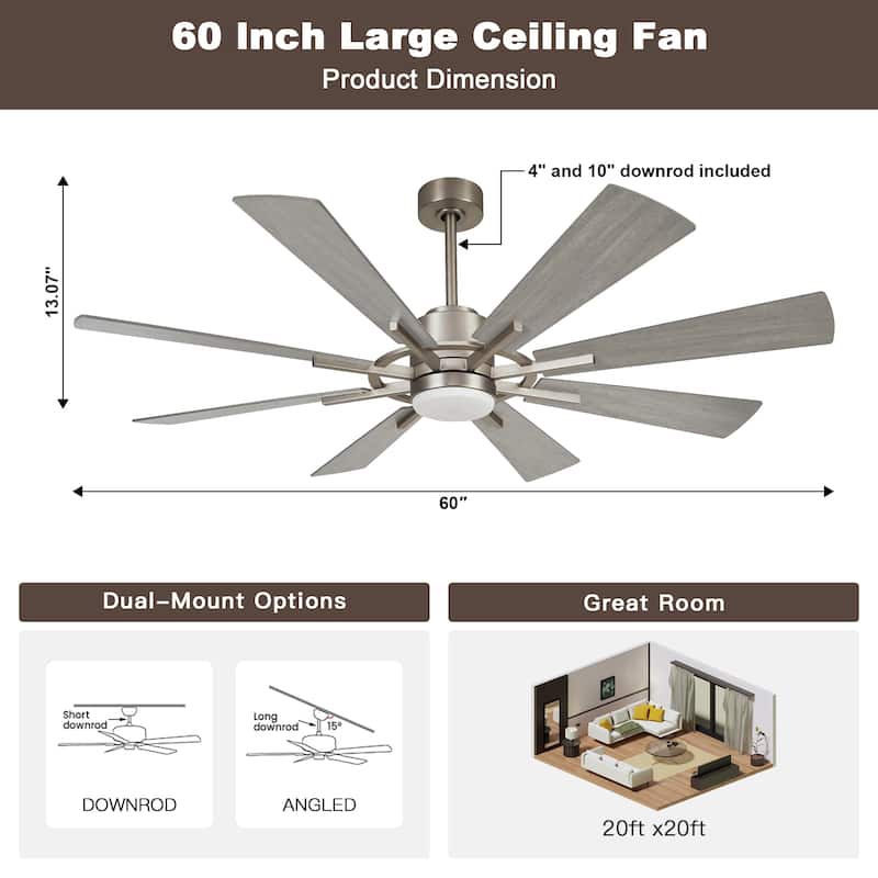 60" Farmhouse 8-Blade Large Windmill Ceiling Fan with Light and Remote