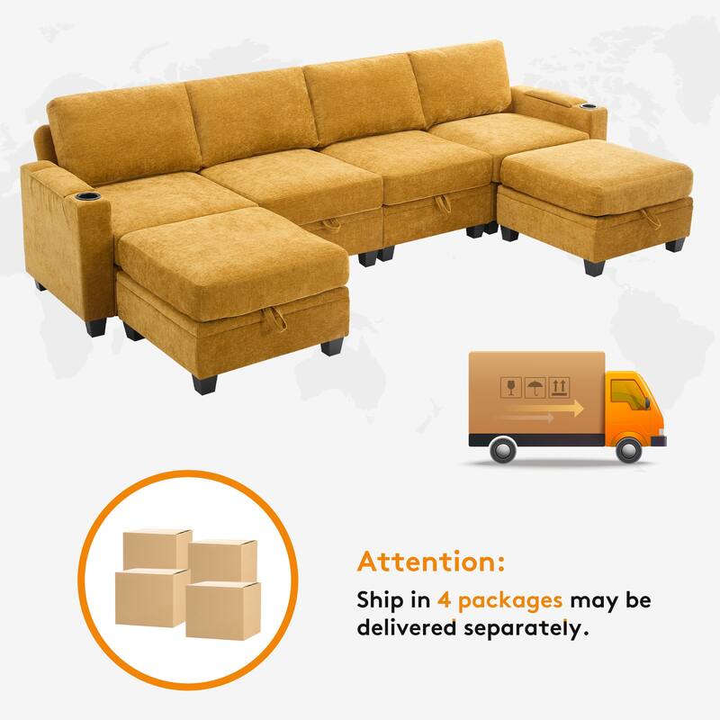 Chenille Sectional Sofa, Hidden Storage & Modular Design