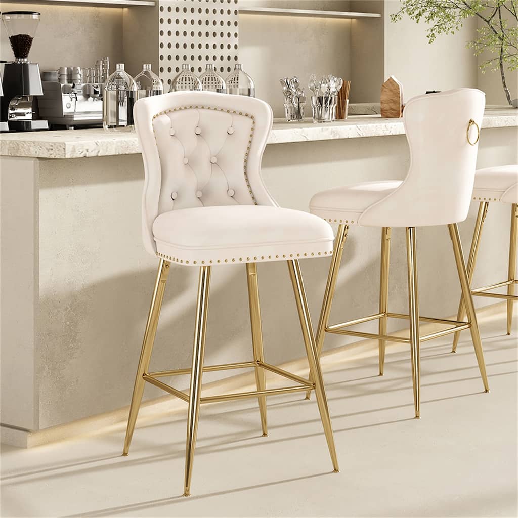 Velvet Bar Stools with Metal Legs, Button Tufted and Nailheads Trim (Set of 2)