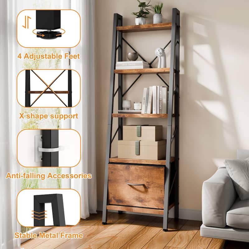 5-Tier Slanted Bookshelf with Fabric Drawer, Wood Storage Shelf