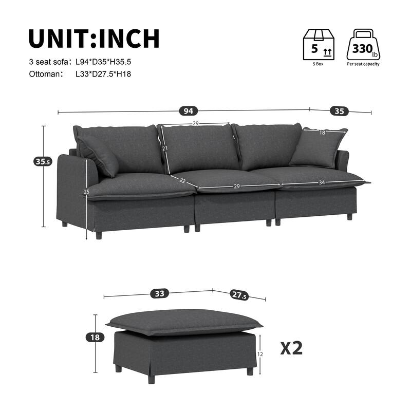 Chenille Sectional Sofa U Shaped Cloud Couch Set w/Ottoman, Pillows