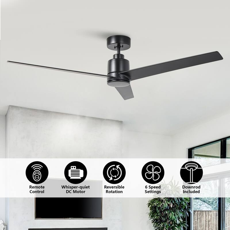 54" Matte Black 6-Speeds Indoor Ceiling Fan without Light - 54-inch W x 12.5-inch H