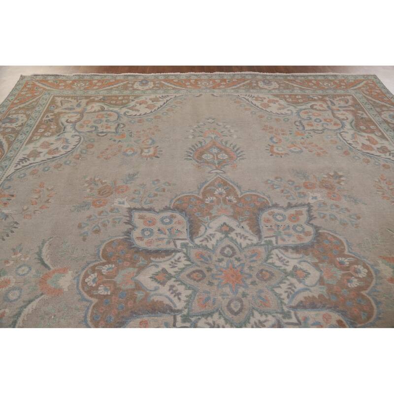 Hand Knotted Oriental 100% Wool Carpet Traditional Floral Beige & Ivories Tabriz Area Rug - 12' 11'' X 9' 9''