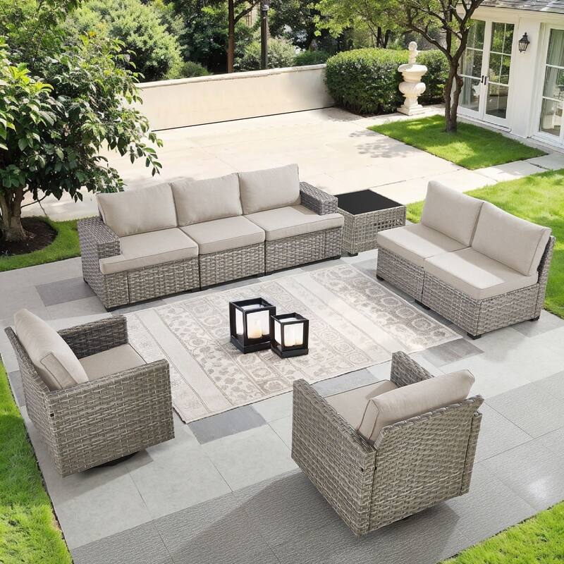 Pocassy Wicker Rattan Outdoor Sectional Sofa Patio Conversation Set - Beige Cushion - Combination 7 - Sofa with Swivel Chairs Table