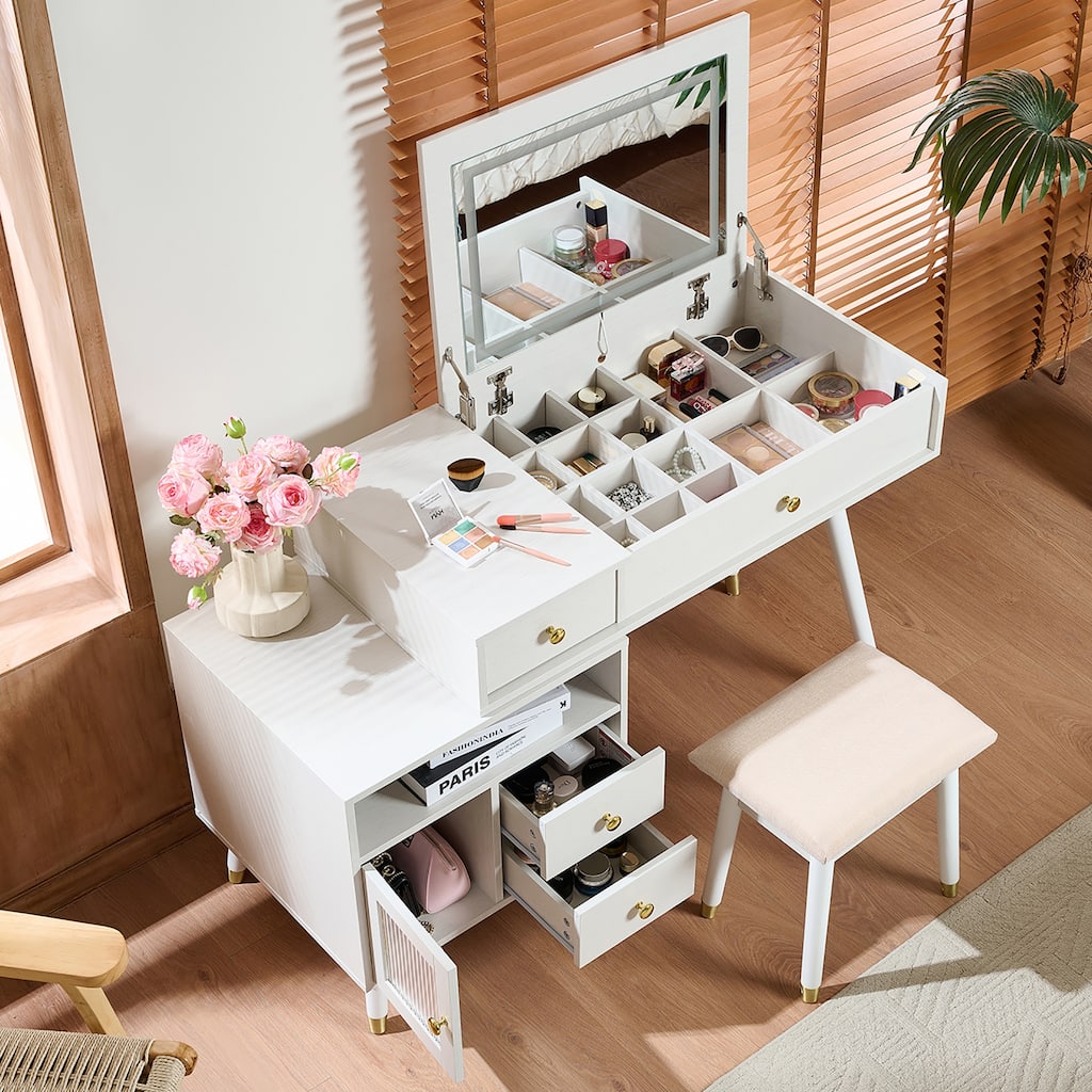 3-in-1 Makeup Vanity Desk with Lighted Flip-Top Mirror, Adjustable Cabinet, Drawers & Stool