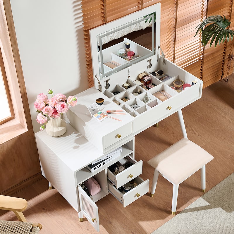 Extendable Makeup Dressing Table with Stool, 3-in-1 Makeup Vanity Desk with Flip-Top Mirror & 3-Color LED Light, White