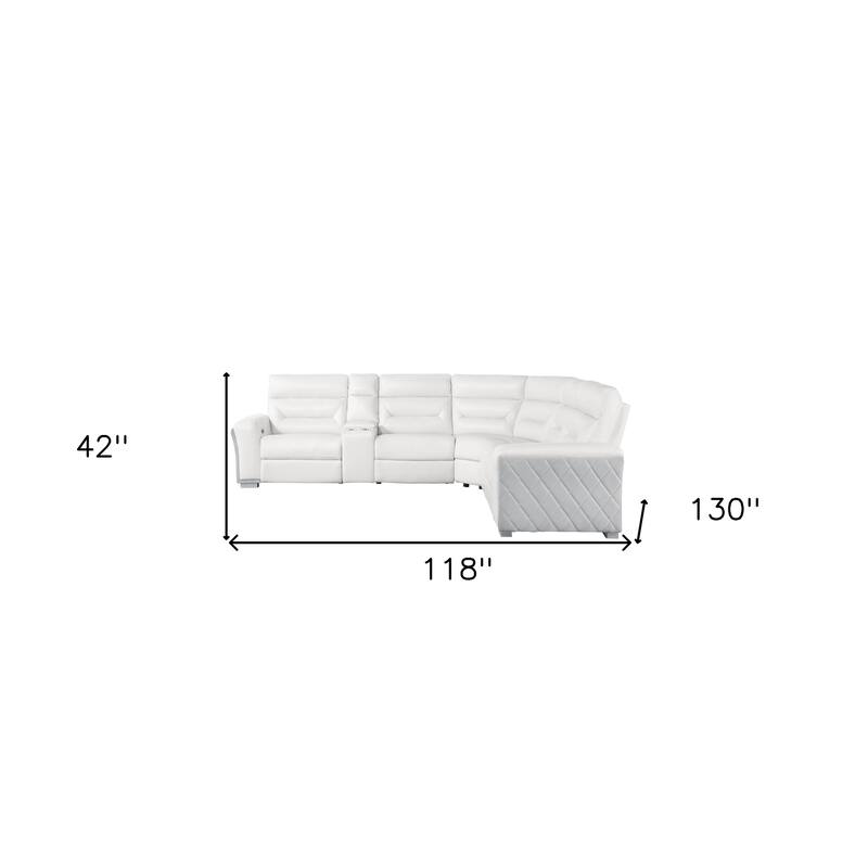 HomeRoots Gray And White Faux Leather Power Reclining Curved Corner Sectional With Console
