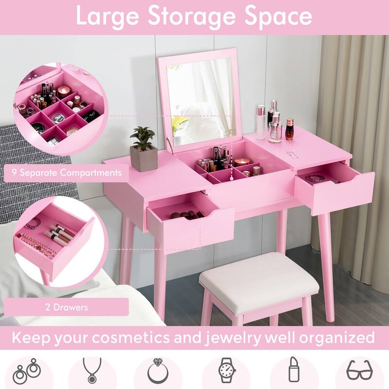 Costway Vanity Table Set w/ Flip Top Mirror Drawers 9 Dividers Makeup