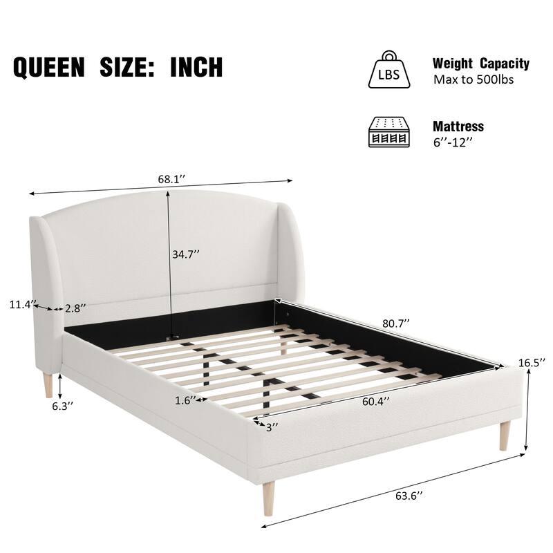 White Upholstered Bed Rounded Corners Headboard Boucle Fabric Wingback Bed with Wood Slat and Metal Support Frame, Platform Bed