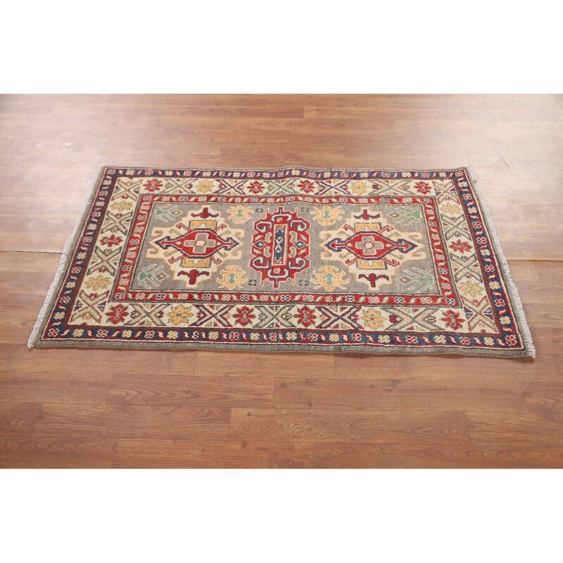 Geometric Kazak Accent Rug Hand-Knotted Grey Wool Carpet - 2'6" x 4'3"