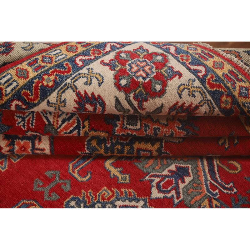 Geometric Red Kazak Rug Hand-Knotted Bedroom Wool Carpet - 6'6"x 9'2"