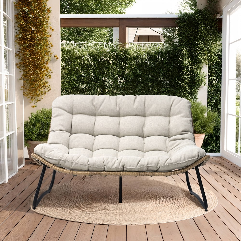 Double Papasan PE Rattan Chair Loveseat with Cushion For Indoor Outdoor