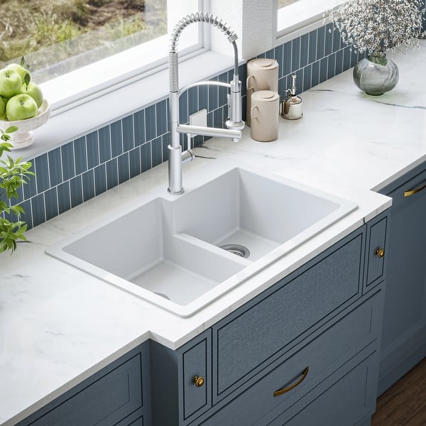 slide 2 of 56, Karran Top Mount Large/Small Bowl Quartz Kitchen Sink - 33" x 22" x 9" - 33" x 22" x 9"